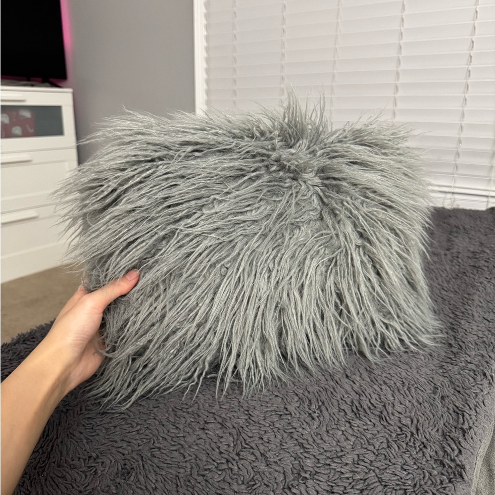 Small Grey Rectangular Shaggy Faux Fur Accent Pillow 12" x 16"